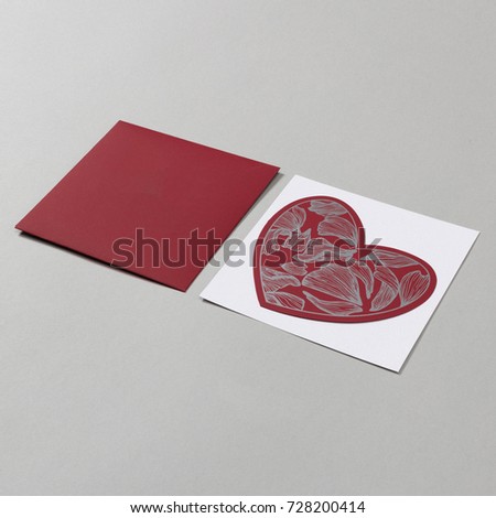 Red white and gray color mock-up of stationery, a template for brand identification on a background. For presentations and portfolio of graphic designers. Envelopes, sheets of paper, heart