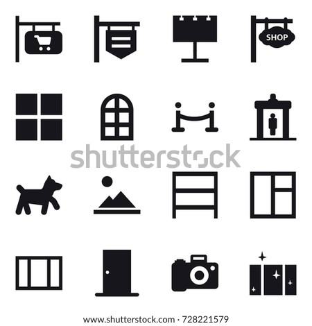 16 vector icon set : shop signboard, billboard, window, arch window, vip fence, detector, dog, landscape, rack, door, clean  window