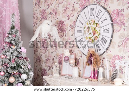 Beautiful Christmas nice pink interior. Concept of Merry Christmas and Happy New Year