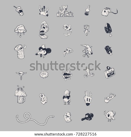Black and white vector stickers badges with animals, characters and things. Hand-drawn stickers, pins in cartoon comics style. 