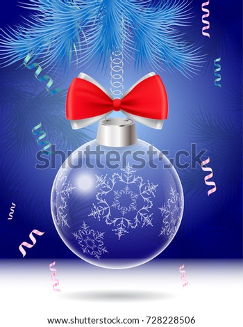 New year and Christmas card, blue background with balls, white, red decorations end pine branches.