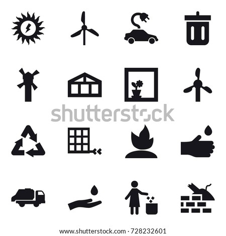 16 vector icon set : sun power, windmill, electric car, bin, greenhouse, flower in window, sprouting, hand drop, trash truck, hand and drop, garbage bin, construct garbage