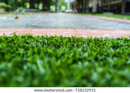 Abstract blur the garden with printed walkway and green artificial grass.
