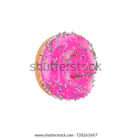 Donut letter E lowercase. 3D render of donut font with pink glaze and colored sprinkles isolated on white background.