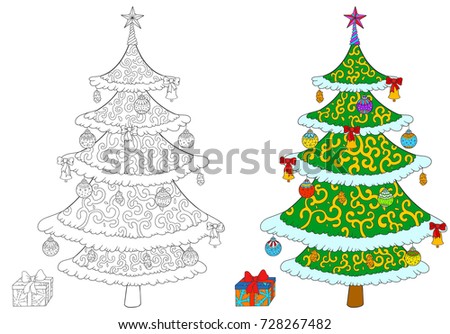 Christmas tree with gift box coloring book isolated on white. Vector stock illustration of tree and colored example.