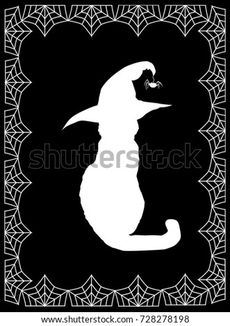White silhouette of cat in witch hat  on black background framed with spiderweb. Vector illustration.