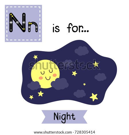 Cute children ABC alphabet N letter tracing flashcard of Night sky with the moon and stars for kids learning English vocabulary in Happy Halloween Day theme. Vector illustration.