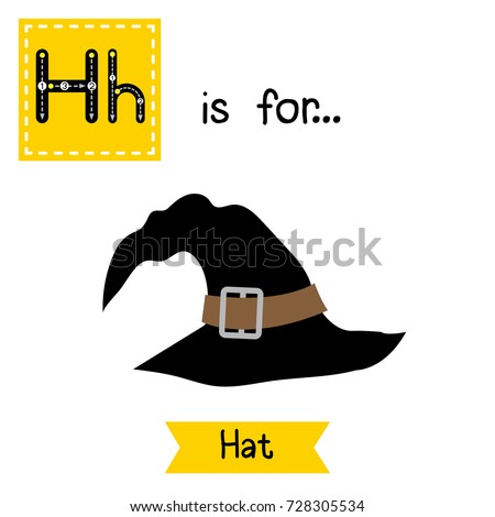 Cute children ABC alphabet H letter tracing flashcard of black witch Hat for kids learning English vocabulary in Happy Halloween Day theme. Vector illustration.