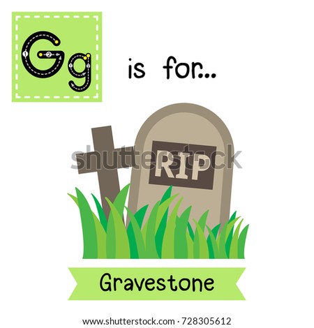 Cute children ABC alphabet G letter tracing flashcard of Gravestone for kids learning English vocabulary in Happy Halloween Day theme. Vector illustration.