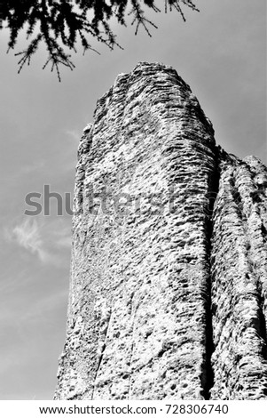 tribute to Ansel Adams, vertical walls,series of black and white artistic photographs of landscapes of The mallos of Riglos and Agüero, Vertical mountains for climbers in Huesca, Aragon, Spain,