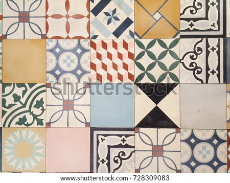 a floor of an old house in france with mosaic tile in cement tiles Royalty-Free Stock Photo #728309083