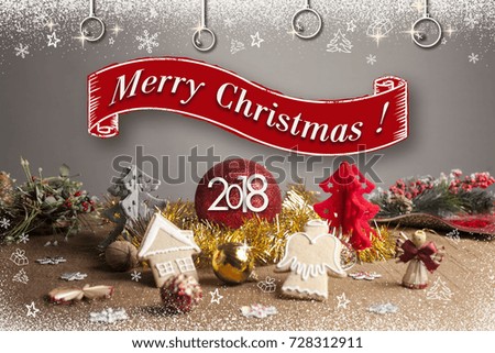 Christmas Background with various decorations. Plenty of space left for text.  Hand drawn ribbon. Holiday atmosphere. For Greeting cards, flyers, invitations