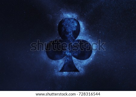 Playing card. Clubs symbol. Abstract night sky background