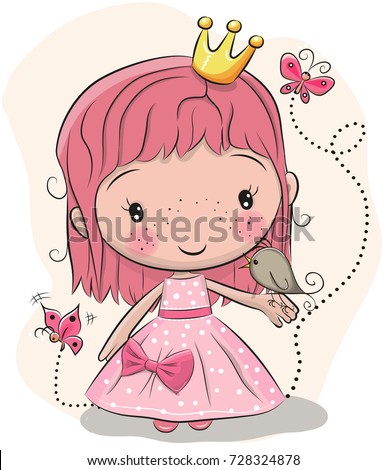 Cute fairy-tale Princess with bird on a pink background
