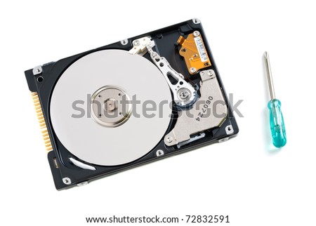 computer hard disk drive isolated on white with a screwdriver