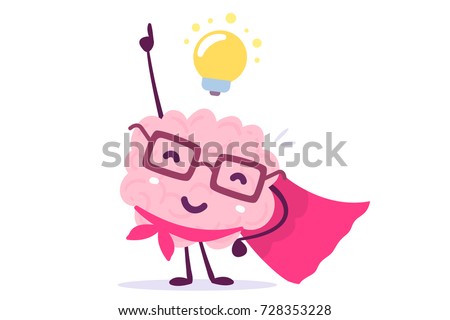 Vector illustration of pink color human brain with glasses as a super hero and light bulb on white background. Inspiration cartoon brain concept. Doodle style. Flat style design of character brain