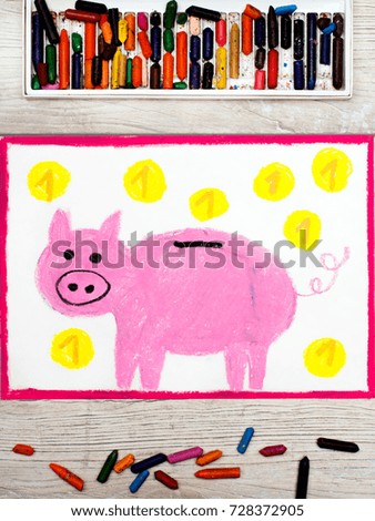 Photo of colorful drawing: Pink piggy bank and coins. 
