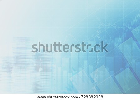 Abstract financial chart with graph and stack of coins in Double exposure style background