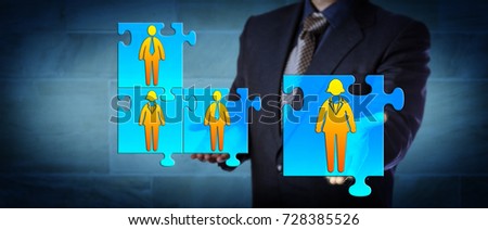 Unrecognizable hiring manager presenting a female candidate as the solution to complete a business team. Human resources concept for team building, good cultural fit, teamwork, cooperation and unity.