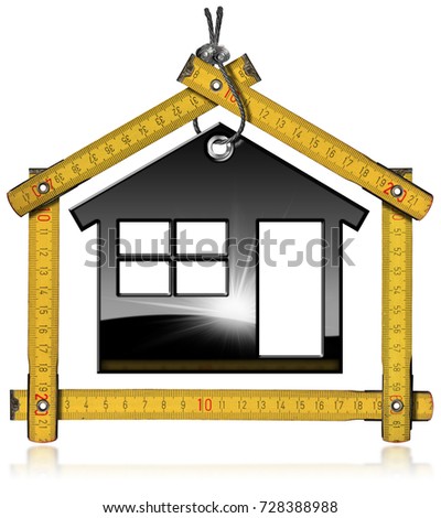 Wooden folding ruler (Photo) in the shape of house with a black model house (3D illustration) isolated on white background. Construction industry concept