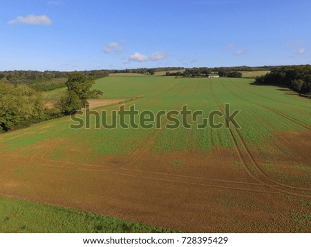 Drone still image at 250ft of the Sussex countryside in late Summer.