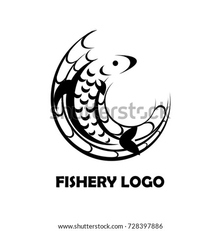 Fishery logo isolated on a white background. Fish and fishnet.
