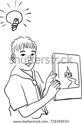 Vector art drawing of Portrait of confident boy giving presentation in conference room