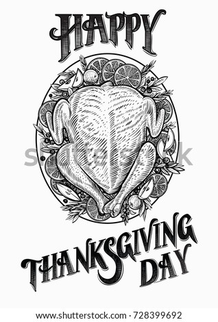 Turkey hand drawn vector illustration. Happy Thanksgiving day text and drawing of baked poultry decorated with cranberry, apples and orange. Top view.