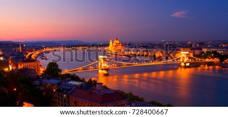 Budapest skyline at dusk bridges and town centre capital of Hungary popular historical city 
 and destination of eastern Europe aerial wide panorama picture 