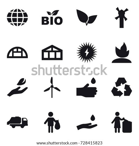 16 vector icon set : globe, bio, windmill, greenhouse, sprouting, hand leaf, hand drop, recycling, trash truck, trash, hand and drop, garbage bin