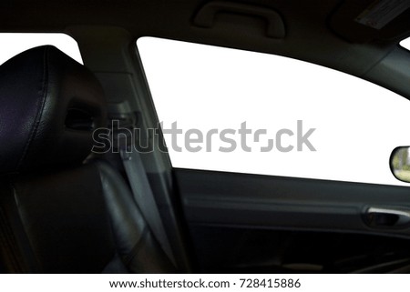 View of the interior of side view passenger seat a automobile isolated on white background.