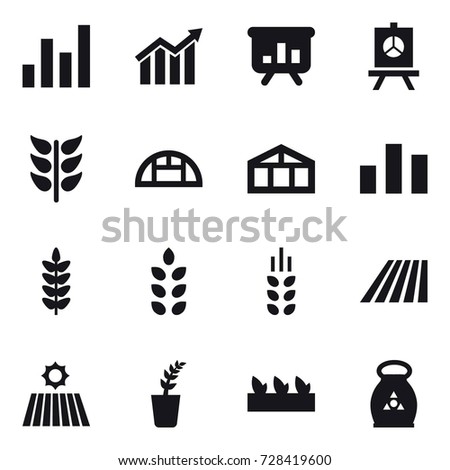 16 vector icon set : graph, diagram, presentation, greenhouse, spikelets, field, seedling, fertilizer