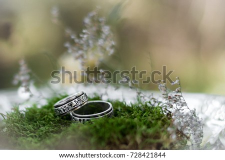 Two silver wedding rings with the symbols on the moss. Soft focus with flash from the sun on nature background bokeh. (Vintage style) boho-chic, ethnic amulet.