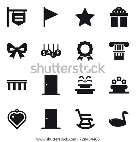 16 vector icon set : shop signboard, flag, star, gift, bow, sale, medal, column, bridge, door, fountain, flower bed, heart pendant, rocking chair, goose