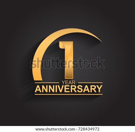 1 year anniversary celebration. Anniversary logo with swoosh and elegance golden color isolated on black background, vector design for celebration, invitation card, and greeting card