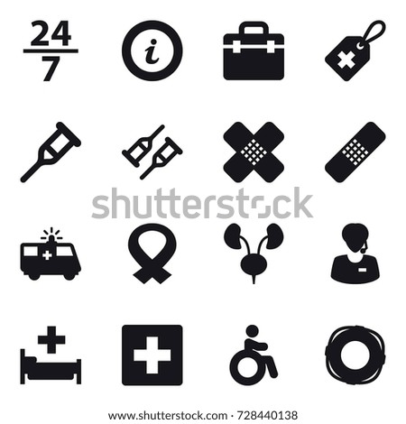 16 vector icon set : 24/7, info, hospital, first aid, invalid, lifebuoy