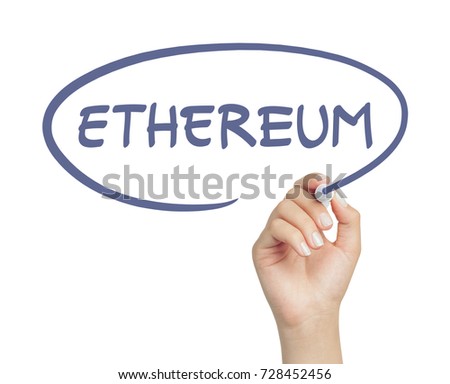 female hand writing ethereum message in cartoon balloon with marker on white background