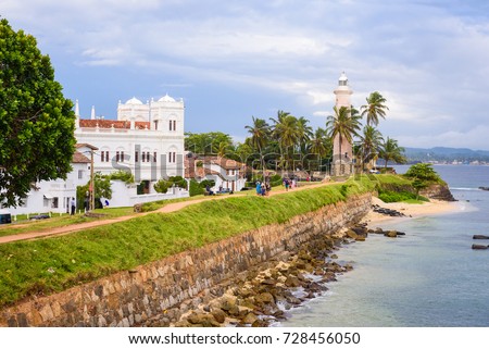 Galle Fort, Sri Lanka. View on the walls, lightower and the mosque of sea fortress in Galle (Galle Fort) in south of Sri Lanka. Royalty-Free Stock Photo #728456050