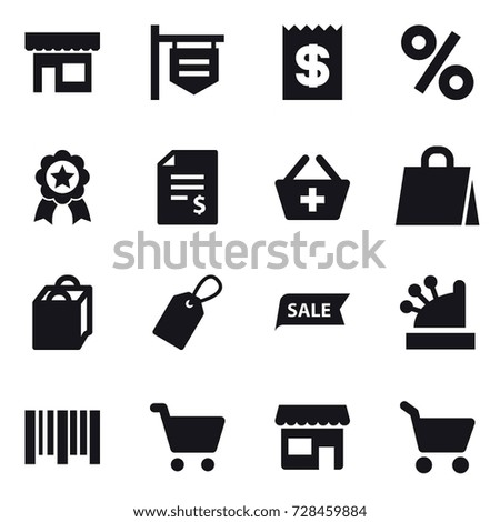 16 vector icon set : shop, shop signboard, receipt, percent, medal, account balance, add to basket, shopping bag, label, sale, cashbox, cart
