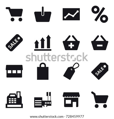 16 vector icon set : cart, basket, statistic, percent, sale, graph up, add to basket, remove from basket, market, shopping bag, label, sale label, cashbox, mall, shop
