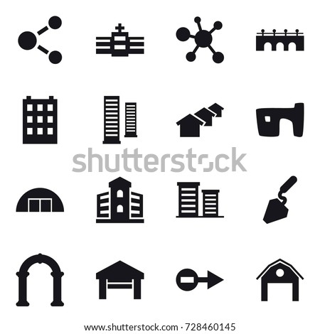 16 vector icon set : molecule, bridge, building, skyscrapers, houses, slum, hangare, district, construction, arch, garage, barn