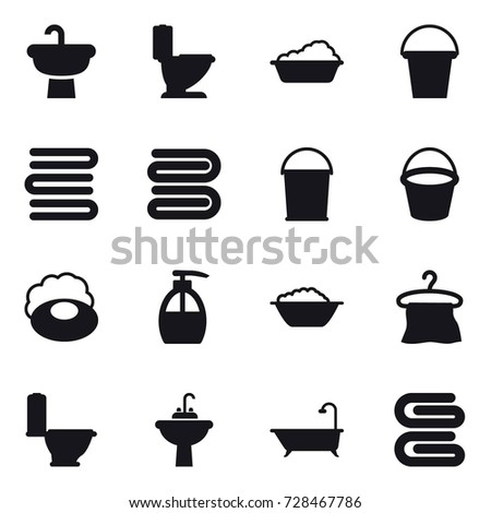 16 vector icon set : toilet, washing, bucket, towels, towel, soap, liquid soap, foam basin, hanger, water tap sink, bath, stack of towels