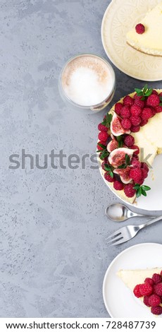 Cheesecake with raspberries and figs on a gray background, raspberry, berries, cake, vertical, soft focus, sweets