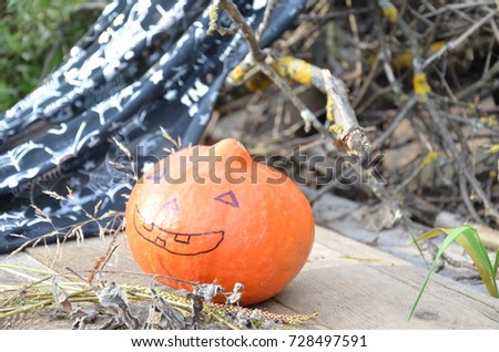 Halloween pumpkin head. Halloween concept. bright orange pumpkin with a funny face. candles. dry grass. Sorcery Magic on wooden fence