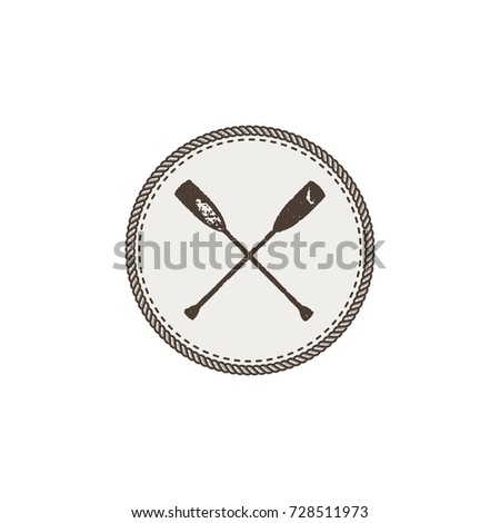 crossed paddles icon patch and sticker. Vintage hand drawn outdoor adventure design. Canoe and kayak symbol. Camping icon. Stock vector isolated on white background.