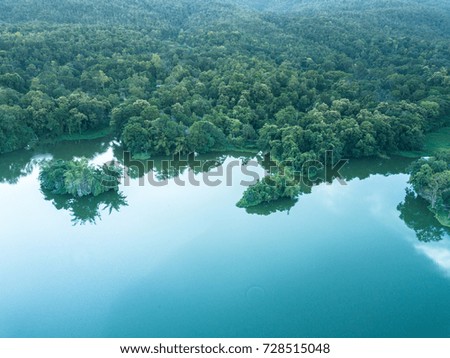 The top view picture of the blue lagoon and the forest.
