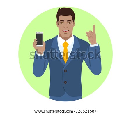 Businessman holding mobile phone and pointing up. Portrait of Black Business Man in a flat style. Vector illustration.