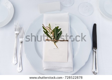 Table set for wedding or another catered event dinner. Italian villa.  Royalty-Free Stock Photo #728522878