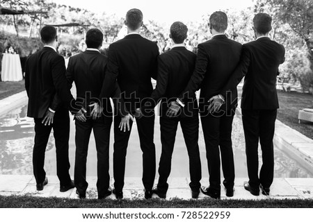 Wedding day. Groom and groomsmen. Italy, Villa Bordoni. Royalty-Free Stock Photo #728522959