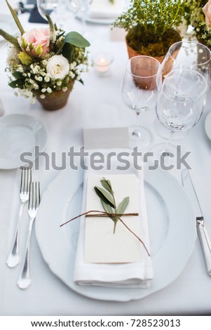 Table set for wedding or another catered event dinner. Italian villa. Villa Bordoni. Royalty-Free Stock Photo #728523013
